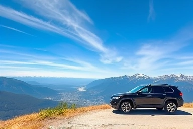 Majestic Canadian Rockies with a rental SUV on scenic overlook.